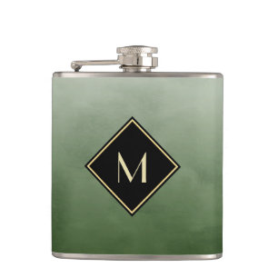 Elegant Brushed Green With Simple Gold Monogram Hip Flask