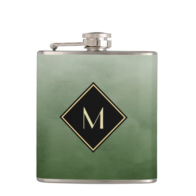 Elegant Brushed Green With Simple Gold Monogram Hip Flask (Front)
