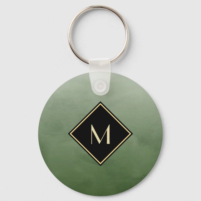 Elegant Brushed Green With Simple Gold Monogram Key Ring (Front)