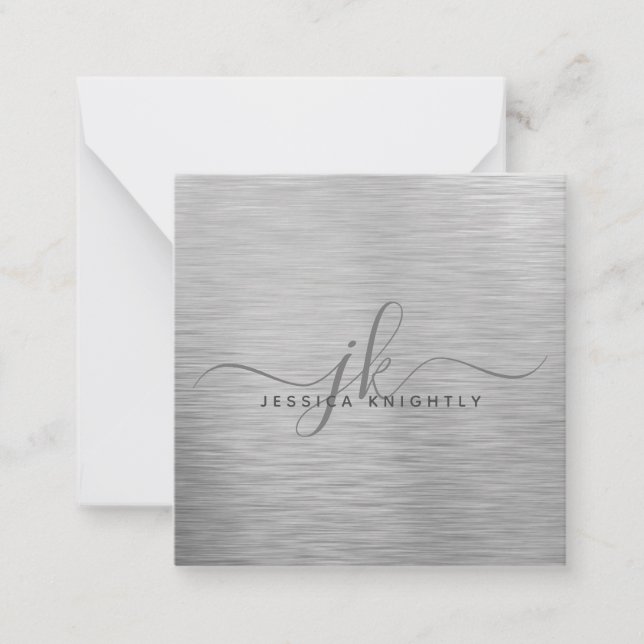 Elegant Brushed Metallic Silver Script Monogram Card (Front)