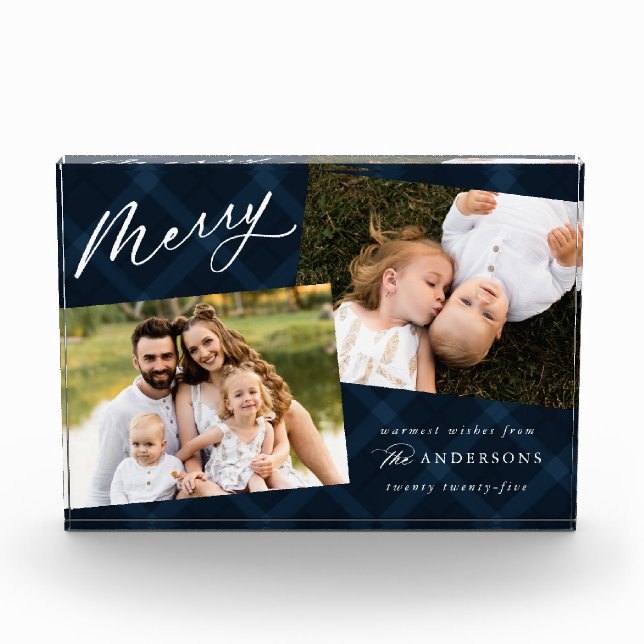 Elegant Brushed Navy Plaid Holiday Photo Block (Front)