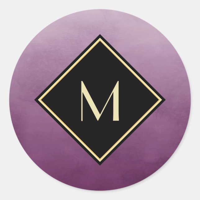 Elegant Brushed Purple With Simple Gold Monogram Classic Round Sticker (Front)