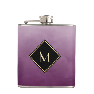 Elegant Brushed Purple With Simple Gold Monogram Hip Flask