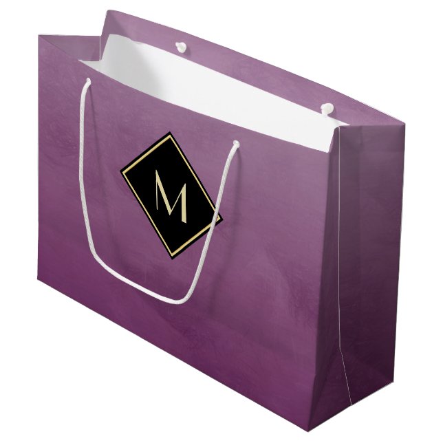 Elegant Brushed Purple With Simple Gold Monogram Large Gift Bag (Front Angled)