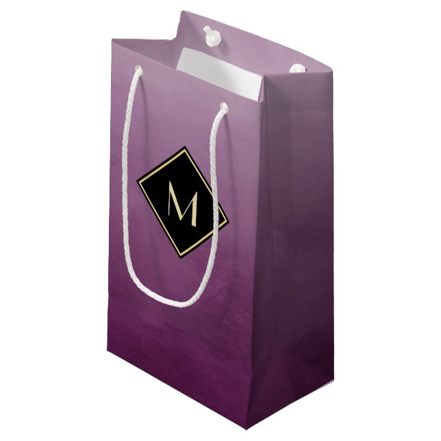Elegant Brushed Purple With Simple Gold Monogram Small Gift Bag (Front Angled)