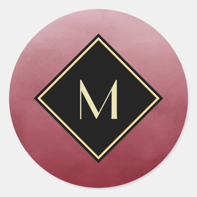 Elegant Brushed Red With Simple Gold Monogram Classic Round Sticker (Front)