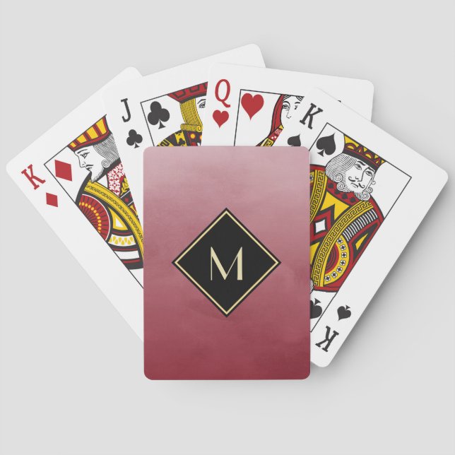Elegant Brushed Red With Simple Gold Monogram Playing Cards (Back)
