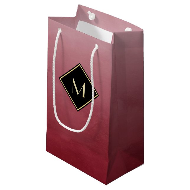 Elegant Brushed Red With Simple Gold Monogram Small Gift Bag (Front Angled)