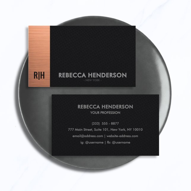 Elegant Brushed Rose Gold & Faux Black Leather Business Card (Creator Uploaded)