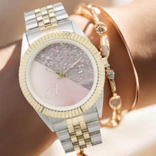 Elegant Brushed Rose Gold Foil & Glitter Monogram Watch