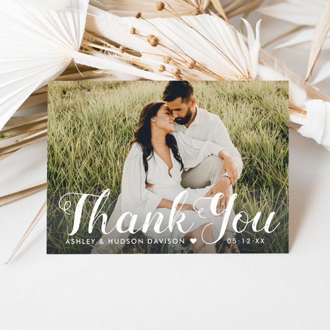 Elegant Brushed Script Photo Wedding Thank You Card (Creator Uploaded)