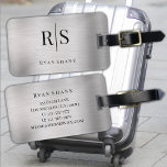Elegant Brushed Silver, Black Monogram & Name Luggage Tag<br><div class="desc">An elegant and classy brushed silver design with personalised black monogram,  name and contact info on back.</div>