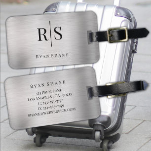 Elegant Brushed Silver, Black Monogram & Name Luggage Tag