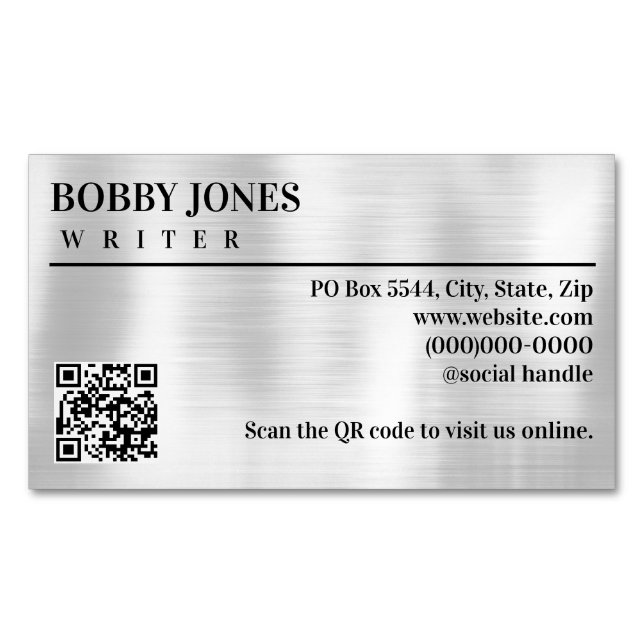Elegant Brushed Silver Foil Metallic QR Code Magnetic Business Card (Front)