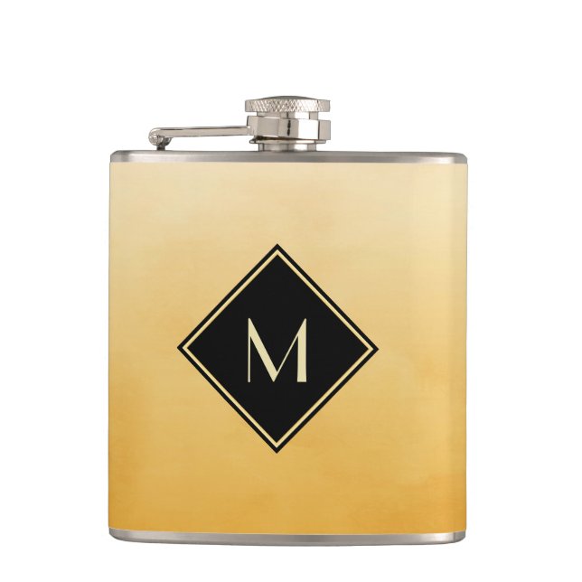 Elegant Brushed Yellow With Simple Gold Monogram Hip Flask (Front)