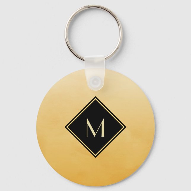 Elegant Brushed Yellow With Simple Gold Monogram Key Ring (Front)