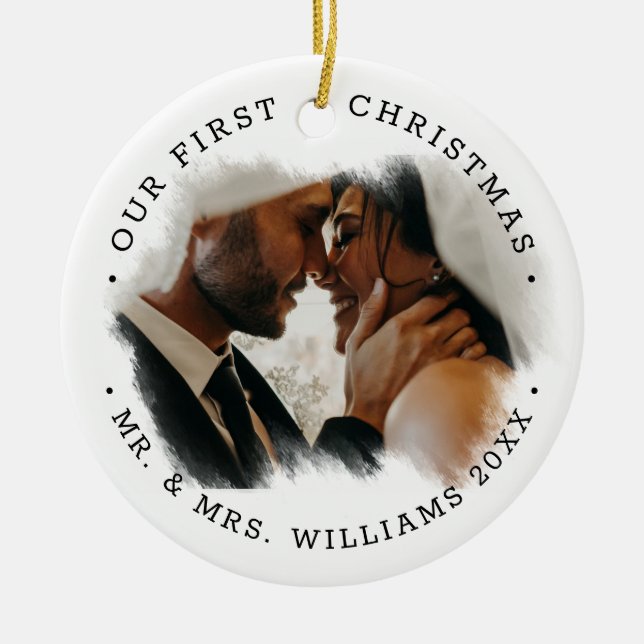 Elegant Brushstroke Overlay Photo | Mr. & Mrs.  Ceramic Ornament (Front)