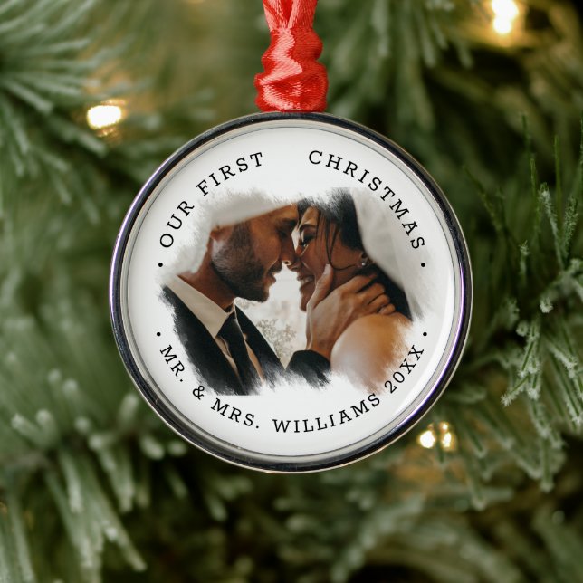 Elegant Brushstroke Overlay Photo | Mr. & Mrs.  Metal Ornament (Tree)