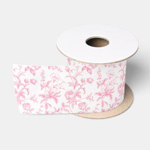 Elegant Bubblegum Pink Grandmillenial Toile Floral Satin Ribbon