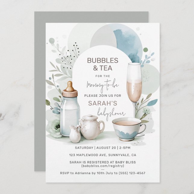 Elegant Bubbles and Tea Baby Shower Green Invitation (Front/Back)