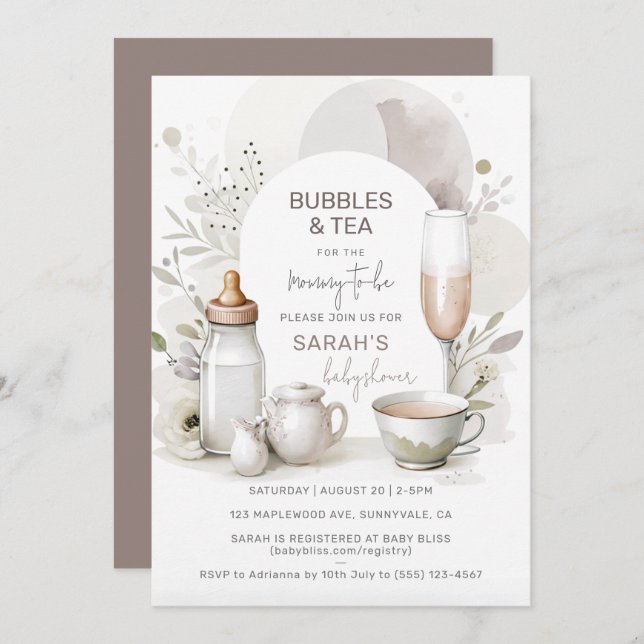 Elegant Bubbles & Tea Baby Shower Invitation (Front/Back)