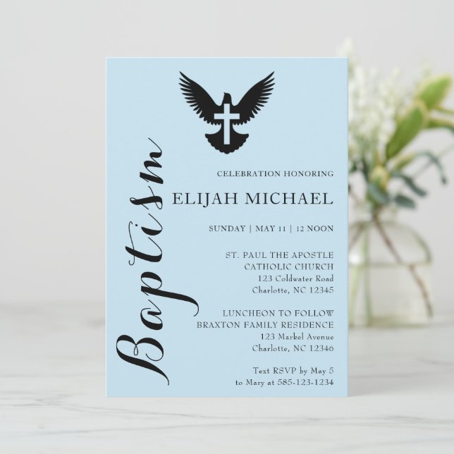 Elegant Budget Baptism Sky Blue Invitation (Standing Front)