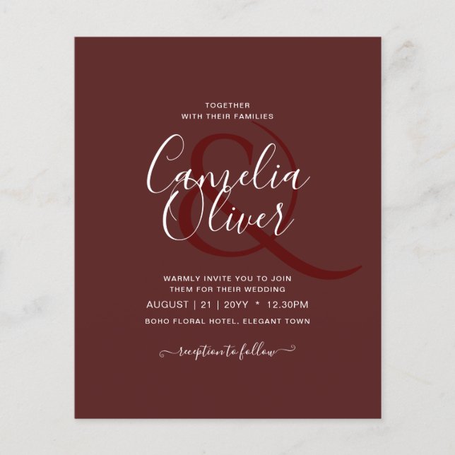 Elegant BUDGET Burgundy Monochrome Wedding Simple  Flyer (Front)