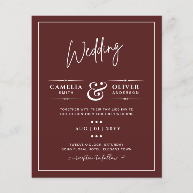 Elegant BUDGET Burgundy Monochrome Wedding Simple  Flyer (Front)