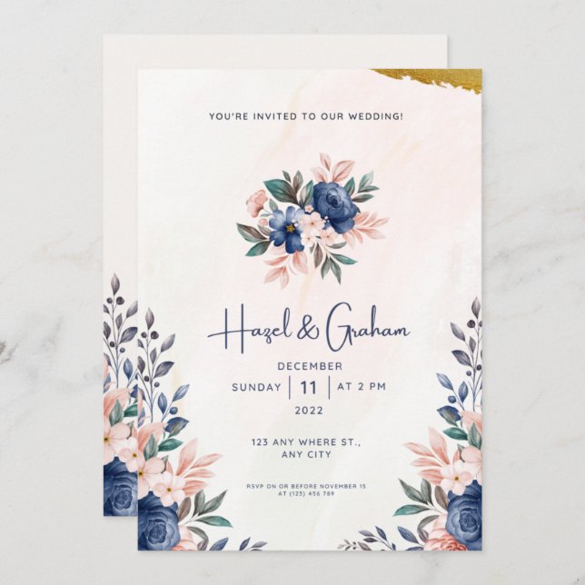 Elegant Budget Modern Floral Wedding Invitation (Front/Back)