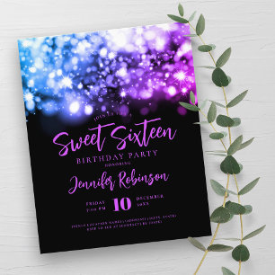 Elegant Budget Purple Blue Spark Sweet 16 Invite  Flyer