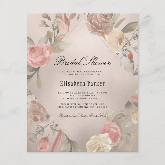Elegant BUDGET rose gold bridal shower invitation (Front)
