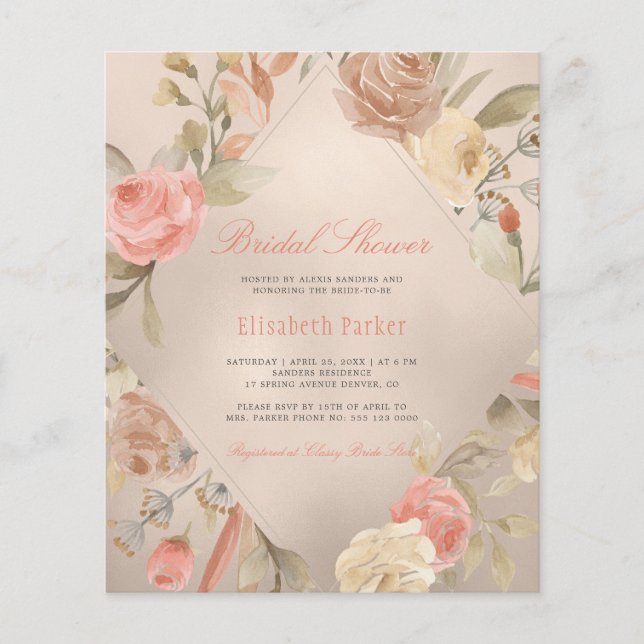 Elegant BUDGET rose gold bridal shower invitation (Front)