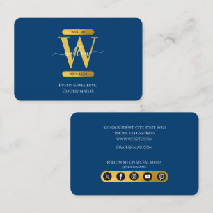 Elegant Bue & Gold Monogram Social Media Icons  Business Card