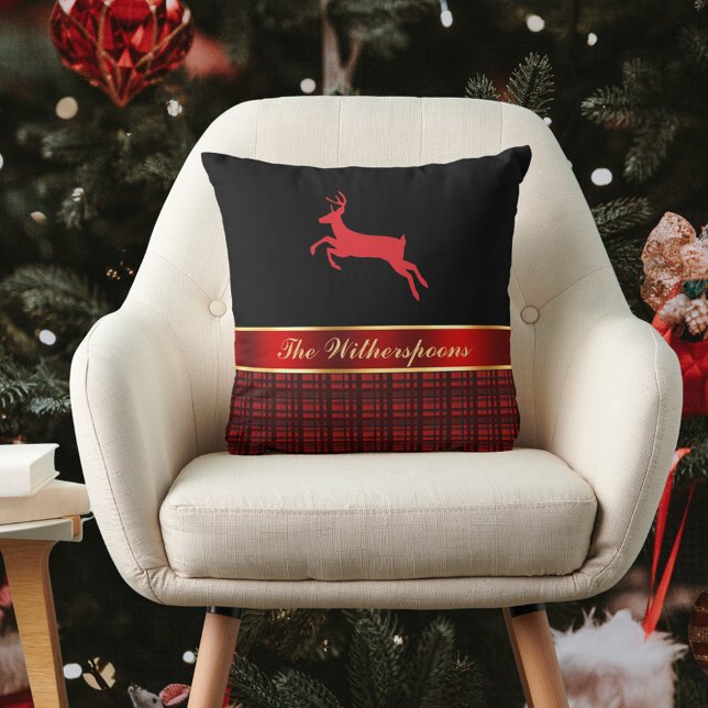 Elegant Buffalo Plaid and Red Ribbon with Reindeer Cushion (Creator Uploaded)