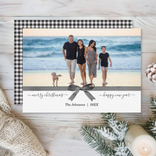 Elegant Buffalo Plaid Bow Black White Holiday Card