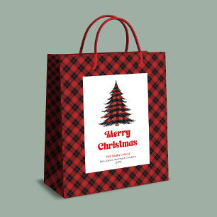Elegant buffalo plaid Christmas tree gift bag name