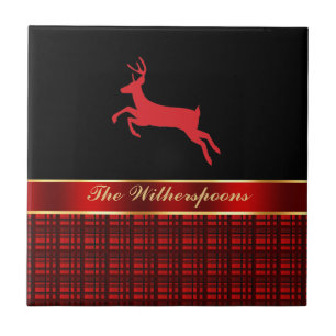 Elegant Buffalo Plaid with Reindeer and Red Ribbon Ceramic Tile