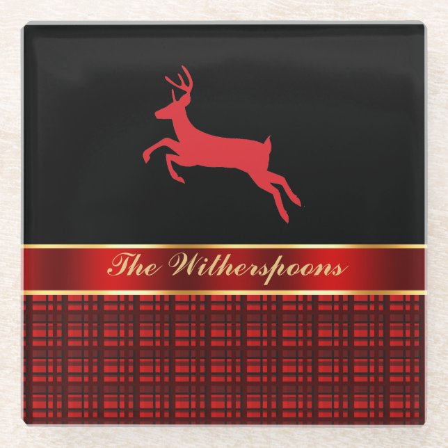 Elegant Buffalo Plaid with Reindeer and Red Ribbon Glass Coaster (Front)