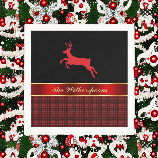 Elegant Buffalo Plaid with Reindeer and Red Ribbon Napkin (Creator Uploaded)