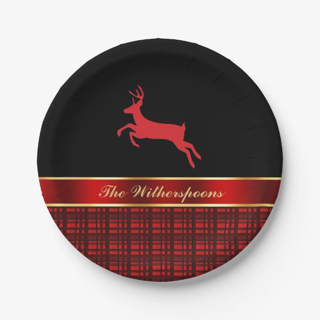 Elegant Buffalo Plaid with Reindeer and Red Ribbon Paper Plate (Front)