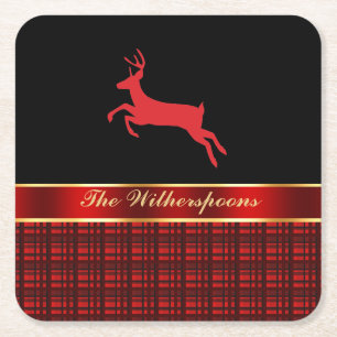 Elegant Buffalo Plaid with Reindeer and Red Ribbon Square Paper Coaster