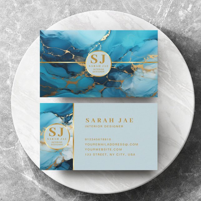 Elegant Bule Marble Gold Glitter Luxury Monogram Business Card (Creator Uploaded)