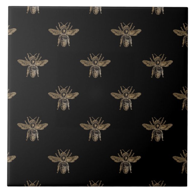 Elegant Bumble Gold Bee Black Background Ceramic Tile (Front)
