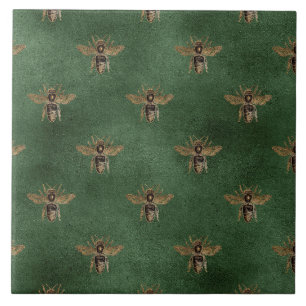 Elegant Bumble Gold Bee Green Background Ceramic Tile