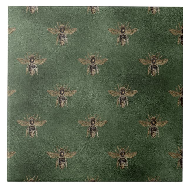 Elegant Bumble Gold Bee Green Background Ceramic Tile (Front)