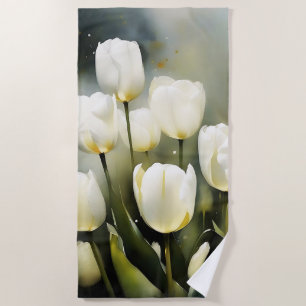 Elegant bunch of White Tulips in a Serene Garden Beach Towel