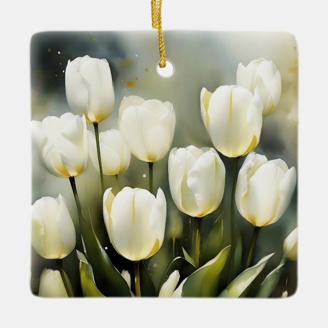 Elegant bunch of White Tulips  in a Serene Garden  Ceramic Ornament (Front)