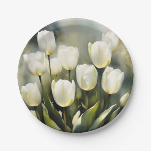 Elegant bunch of White Tulips in a Serene Garden Paper Plate