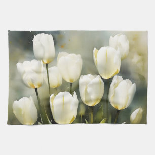 Elegant bunch of White Tulips  in a Serene Garden  Tea Towel