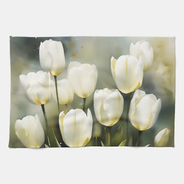 Elegant bunch of White Tulips  in a Serene Garden  Tea Towel (Horizontal)